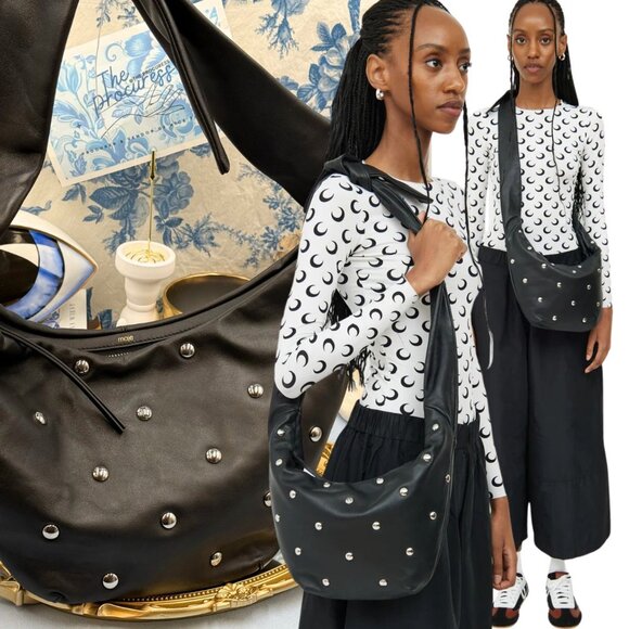 🆕 MAJE 🧿 NWOT Silver Studded Black Leather Shoulder Crossbody Bag - Picture 1 of 14